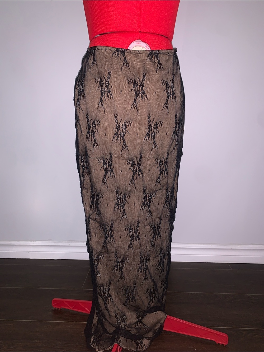 Black Lace Overlay Maxi Skirt with Nude Underlay